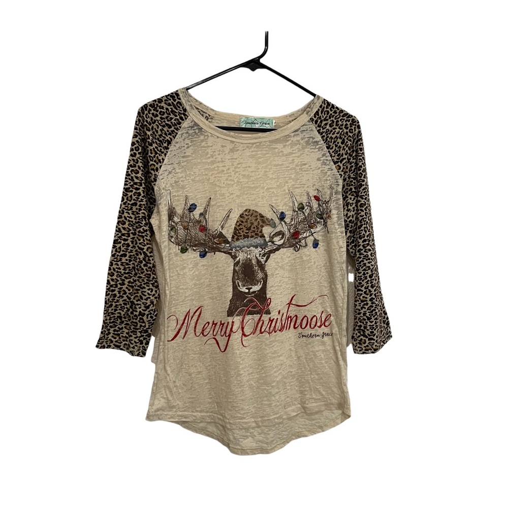Southern Grace Merry Christmas Christmoose Moose Burnout Top Shirt Leopard Sz S